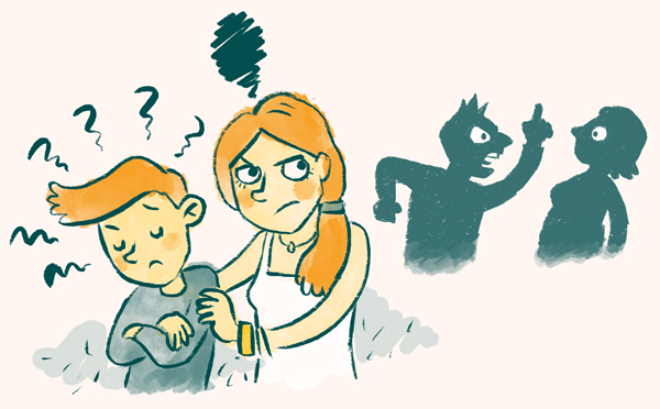 Illustration zeigt zwei Kinder deren Eltern streiten