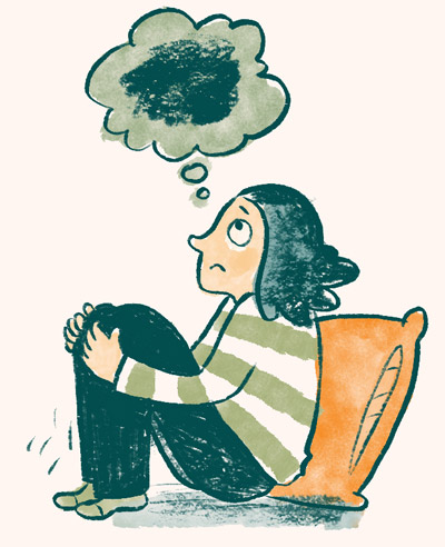 Illustration zeigt eine Person mit einer dunklen Gedankenblase über dem Kopf