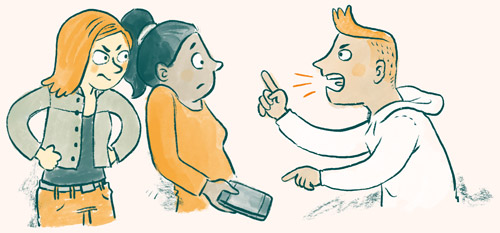 Illustration zeigt einen Jungen der ein Mädchen anschreit und auf ihr Smartphone zeigt. Ein zweites Mädchen steht hinter dem ersten und sieht wütend aus.