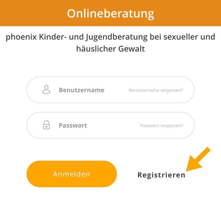 Bild zeigt das Anmeldeformular zur Onlineberatung mit Pfeil auf Registrieren